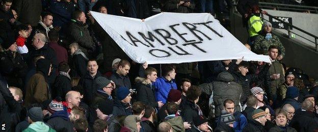 Aston Villa fans hold up a banner calling for Paul Lambert to be sacked
