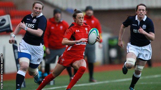 Laurie Harries on the attack for Wales women against Scotland women