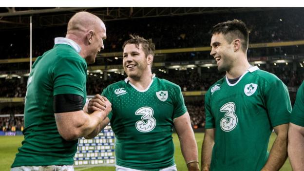 Ireland skipper Paul O'Connell celebrates after the final whistle with Sean O'Brien and Conor Murray