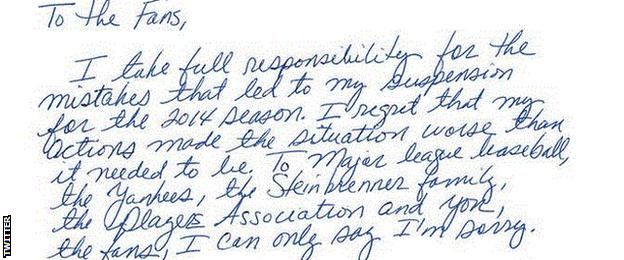 Alex Rodriguez's handwritten apology