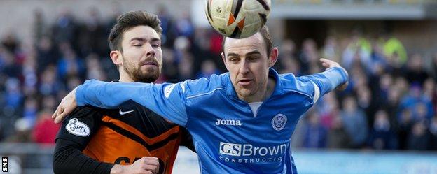 Defender Dave Mackay keeps Dundee United's Paul Paton at bay