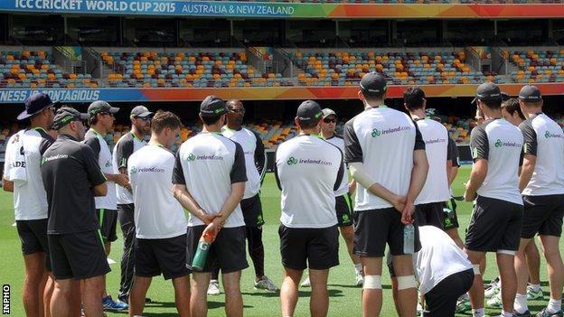 Ireland coach Phil Simmons delivers a team talk at the Gabba ahead of the UAE game