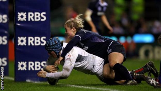 Rochelle Clark dives over to score a try against Scotland in last year's Six Nations