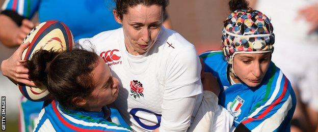 England's Ruth Laybourn is double tackled against Italy in this year's Women's Six Nations