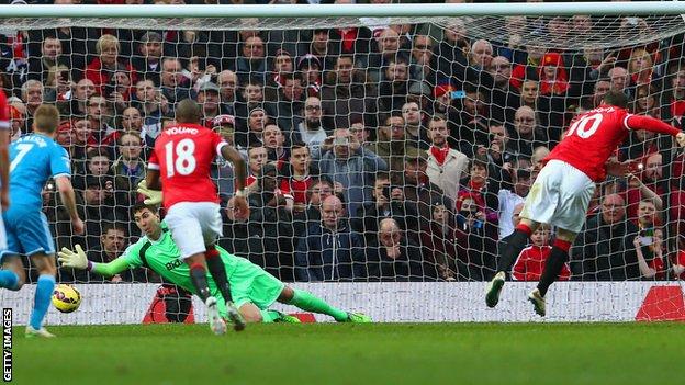 Manchester United striker Wayne Rooney scores a penalty against Sunderland