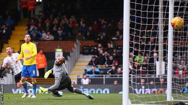 Nikolay Bodurov gives Fulham the lead against Derby County at Craven Cottage