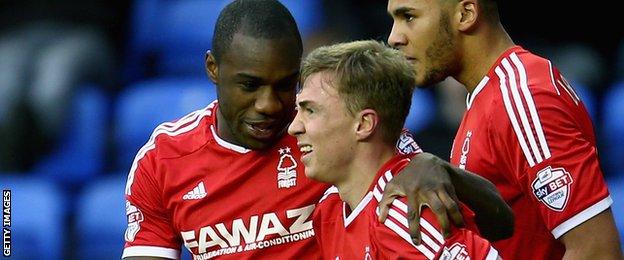 Nottingham Forest's Ben Osborn is congratulated after his goal against Reading