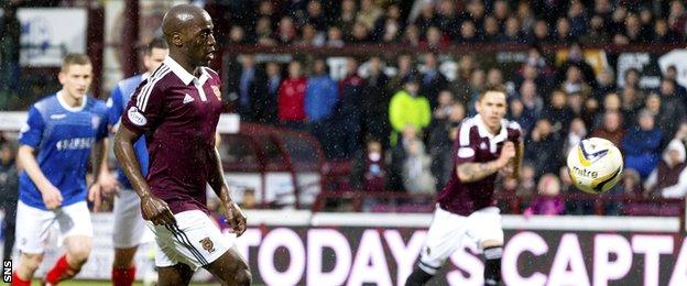 Morgaro Gomis scores a penalty for Hearts against Cowdenbeath