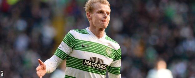 Gary Mackay-Steven celebrates after scoring Celtic's third goal of the game