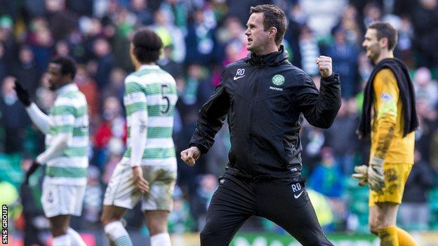 Celtic manager Ronny Deila celebrates after the 4-0 win
