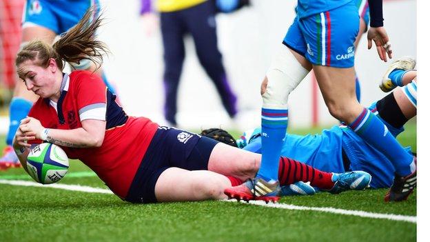 Jade Konkel scores for Scotland women against Italy at Broadwood.