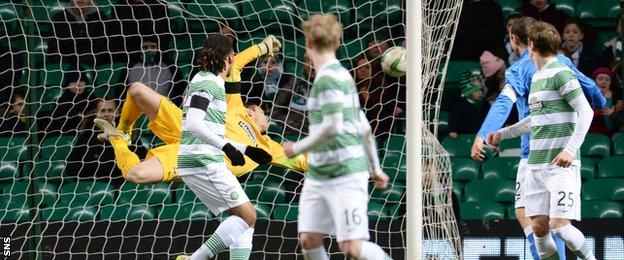 Craig Gordon at full stretch could not get close to Danny Swanson's shot