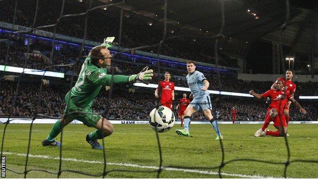 James Milner scores for Manchester City against Leicester City