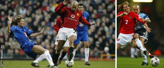 Robbie Savage, playing for Birmingham and Wales tackles Juan Sebastian Veron, playing for Manchester United and Argentina