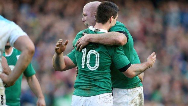 Paul O'Connell and Johnny Sexton celebrate Ireland's win over England