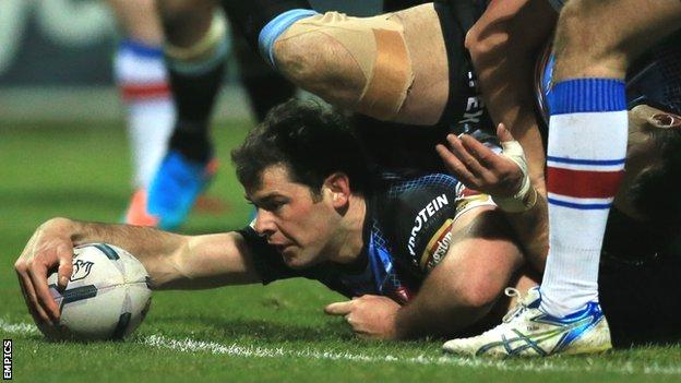 St Helens veteran Paul Wellens scores the first try of the night at Belle Vue