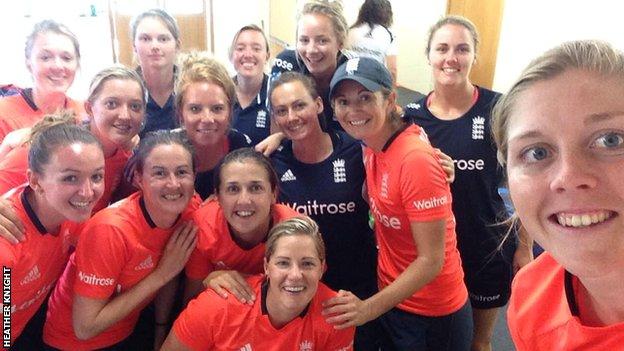England celebrate Charlotte Edwards's 200th game as captain