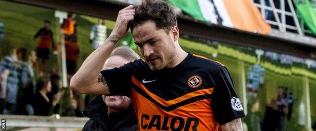 Paul Paton heads for the Tannadice tunnel after being wrongly sent off