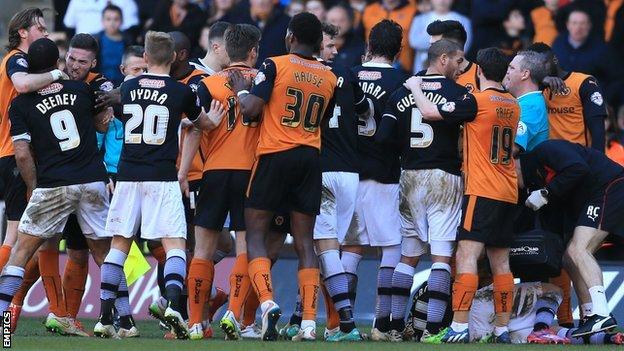 Wolves and Watford players have a frank exchange of views at Molineux