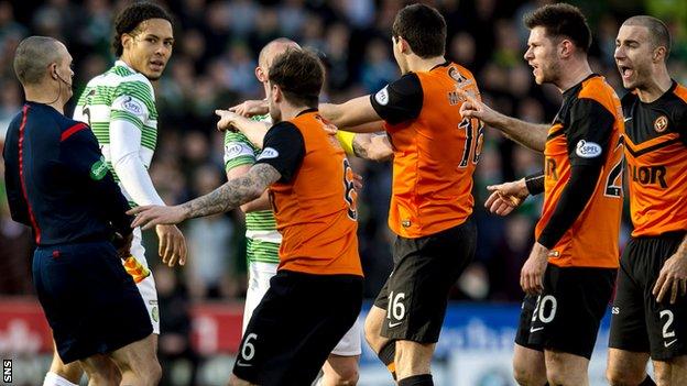 Two Dundee United and one Celtic player were sent off in Sunday's 1-1 Scottish Cup draw.
