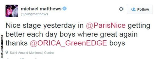 Michael Matthews tweets on Wendesday morning