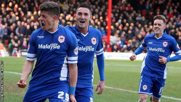 Alex Revell celebrates after scoring Cardiff's winner at Brentford