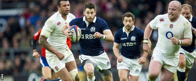 Seymour in action against England, where Scotland are 25-13