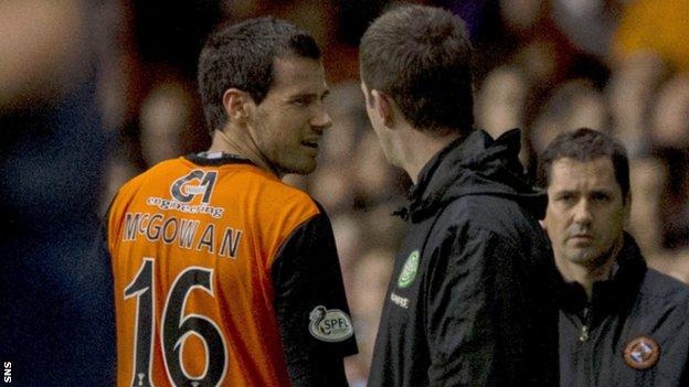 Ryan McGowan and Ronny Deila exchange words after the United defender was sent off.