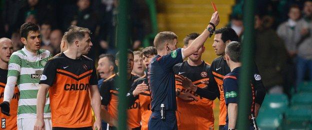 Dundee United's Ryan McGowan is sent off against Celtic