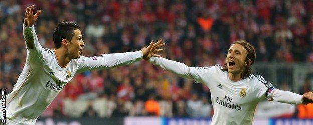 Cristiano Ronaldo and Luka Modric celebrate a goal