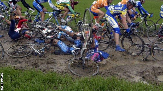 A crash on the Paris-Roubaix cobbles