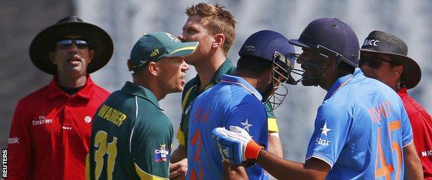 David Warner argues with Rohit Sharma during the one-day series in January