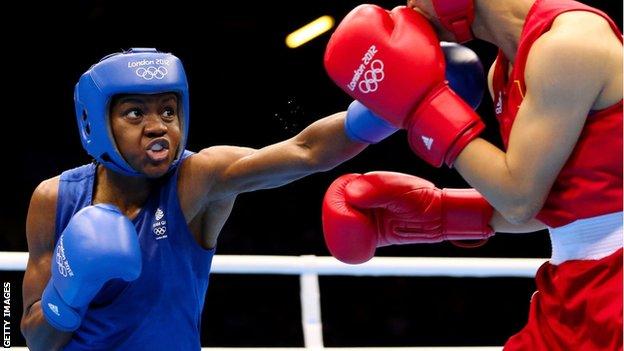 Olympic gold medallist Nicola Adams fights in the final of the lightweight women's category at London 2012