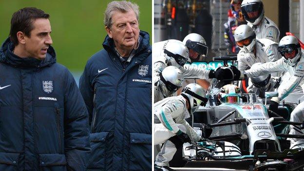 Gary Neville, Roy Hodgson and Mercedes pit team