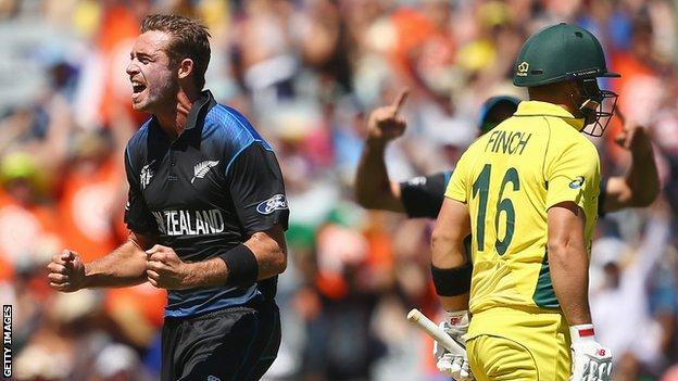 New Zealand's Tim Southee celebrates a wicket against Australia