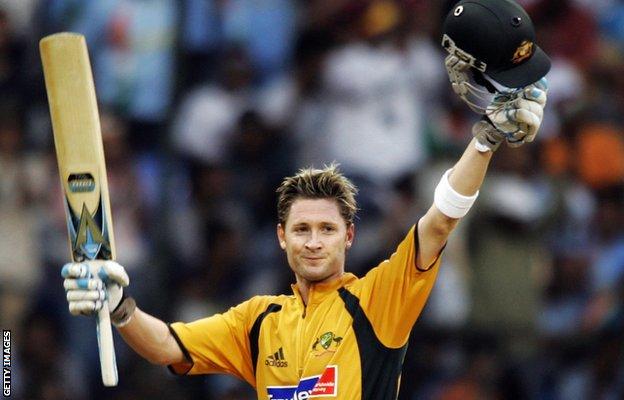 Michael Clarke celebrates his century (100 runs) during the first One Day International (ODI) cricket match against India at the Chinnaswamy Stadium in Bangalore, 29 September 2007