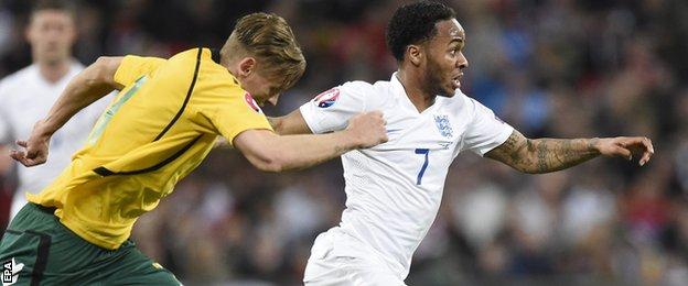 Raheem Sterling playing for England against Lithuania