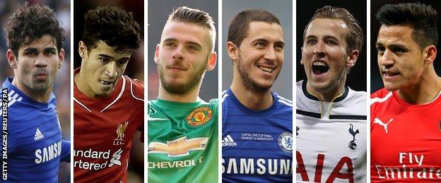 Diego Costa, Philippe Coutinho, David De Gea, Eden Hazard, Harry Kane, Alexis Sanchez