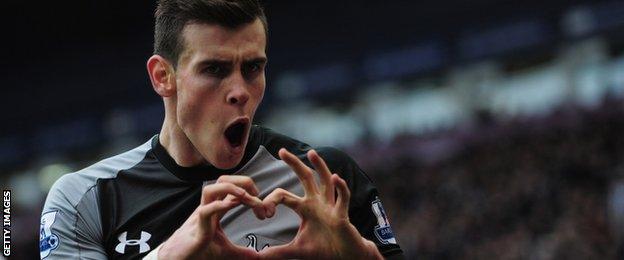 Gareth Bale celebrates a goal for Tottenham in 2012-13