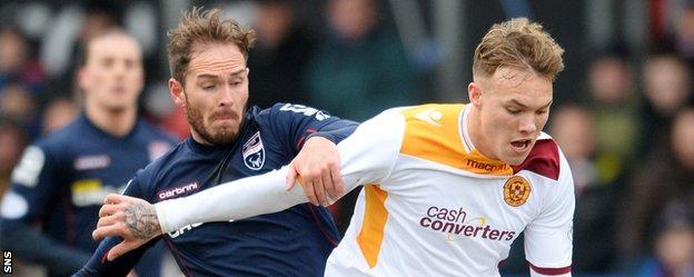 Ross County's Martin Woods battles with Motherwell's Lee Erwin
