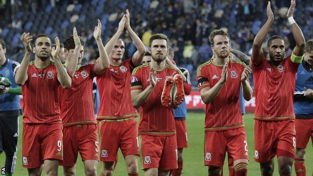 Wales players celebrate their victory in Israel