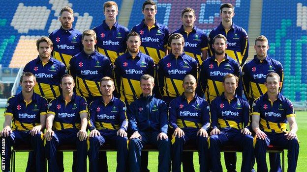 Glamorgan county cricket club line-up for a pre-2015 season team picture