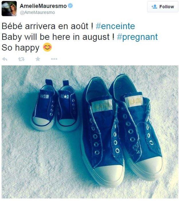Amelie Mauresmo's tweet announcing that she is expecting a baby