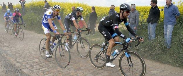 Bradley Wiggins competes in the Paris-Roubaix in 2014