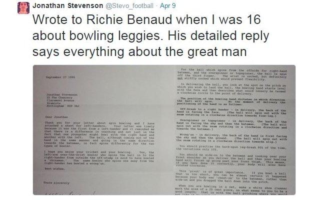 Jonathan Stevenson's letter from Richie Benaud