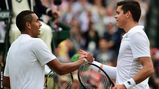 Kyrgios (left) lost in four sets to Raonic at Wimbledon last year