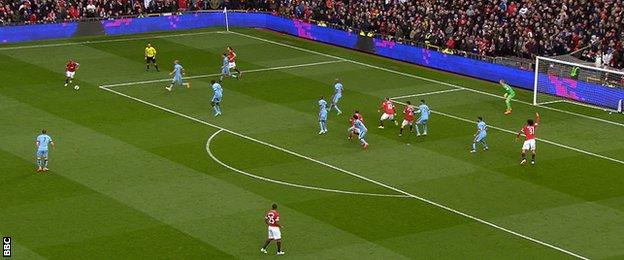 Marouane Fellaini takes up a far-post position to score Man Utd's second goal vs Man City