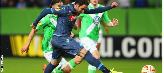 Napoli striker Gonzalo Higuain scored his 24th goal of the season to put the Italians ahead