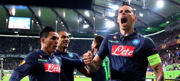 Captain Marek Hamsik scored twice for Napoli, who Diego Maradona helped to win the Uefa Cup in 1989