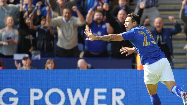Leicester striker Leonardo Ulloa celebrates his goal against Swansea